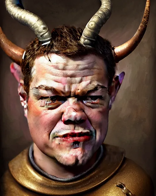 Image similar to highly detailed closeup, face profile portrait of a tin toy matt damon as a medieval demon with horns eating cakes in a castle, hyper realistic, artstation, illustration, nicoletta ceccoli, mark ryden, lostfish, dan decarlo, bob clampett, max fleischer, digital paint, matte paint, vivid colors, detailed and intricate environment