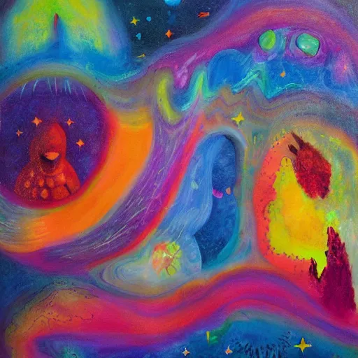 Image similar to painting named : where monsters are in dreams, tasty colours, cosmic interference