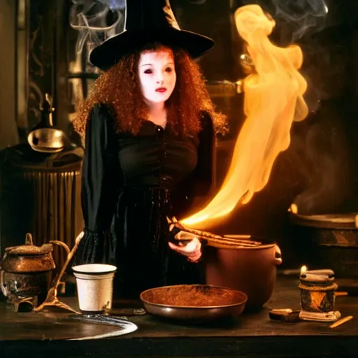 Image similar to black cat, teen witch mixing a spell in a cauldron, wispy smoke, witch hat, studio photography, green glowing smoke is coming out of the cauldron, ingredients on the table, apothecary shelves in the background, still from a nickelodeon show