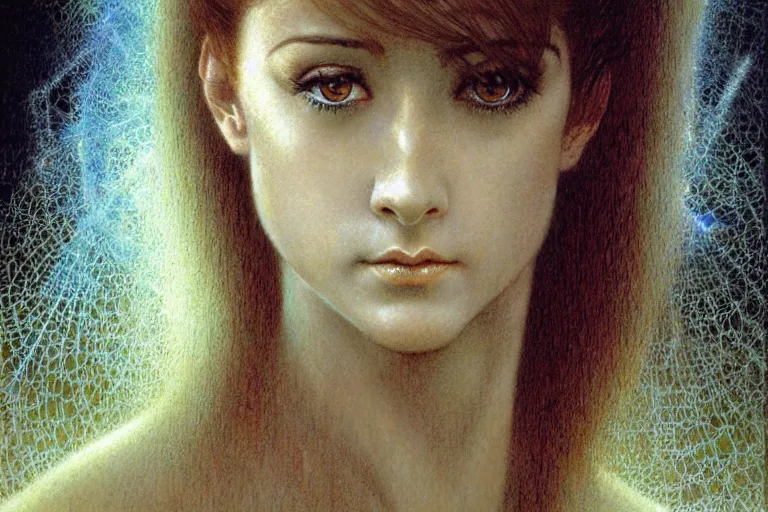 Prompt: cute young alyson hannigan with short hairs in cobweb by jean delville by luis royo and wayne barlowe, beksinski