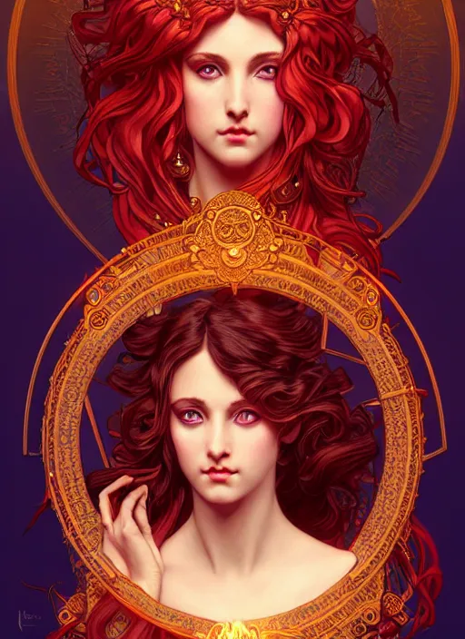 Prompt: the greek goddess hestia, hair made of fire, steampunk, glowing eyes, beautiful eyes, volumetric lights, red and cyan theme, art nouveau botanicals, intricate, highly detailed, digital painting, artstation, concept art, smooth, sharp focus, cinematic, illustration, beautiful face, art by artgerm and greg rutkowski and alphonse mucha