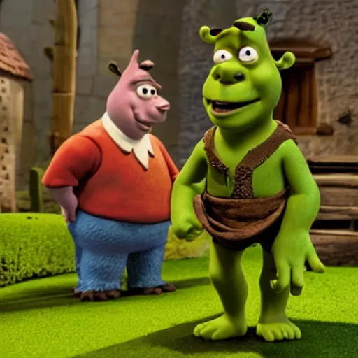 Prompt: a still of shrek in wallace and gromit, clay 4 k