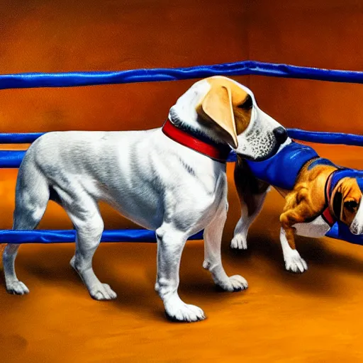 Prompt: two beagle hound dogs boxing with fists, inside a boxing ring hd, realism, hyper detail, intricate detail, 4 k