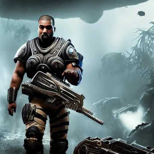 Image similar to kanye west as an centaur in gears of war, splash art, movie still, detailed face, photorealistic facial features, cinematic lighting, dramatic, octane render, long lens, shallow depth of field, bokeh, anamorphic lens flare, 8 k, hyper detailed, 3 5 mm film grain