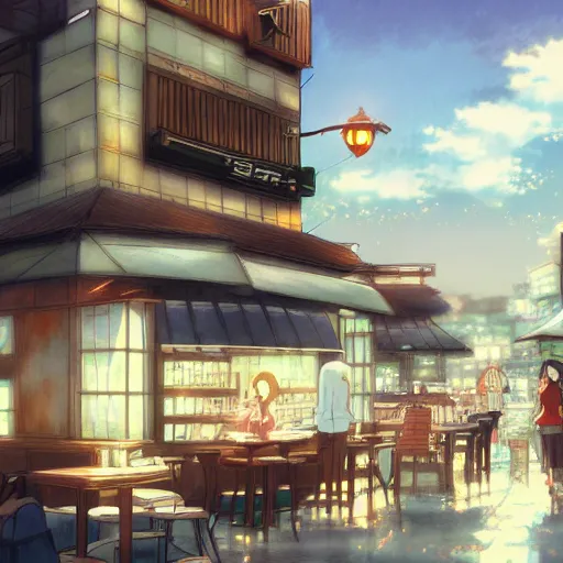 Image similar to Shinjuku Cafe, Anime concept art by Makoto Shinkai