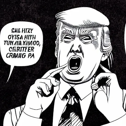 Prompt: trump, by junji ito, black and white comic, terrorist