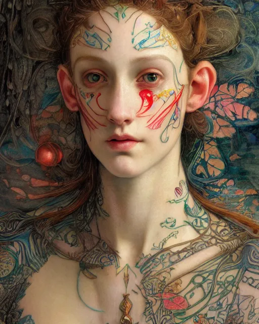 Prompt: close up of a beautiful elf girl with colourful intricate tattoos, by edgar maxence and caravaggio and michael whelan and delacroix style, artistic, intricate drawing, light brazen, realistic fantasy, extremely detailed and beautiful aesthetic face, 8 k resolution, dramatic lighting