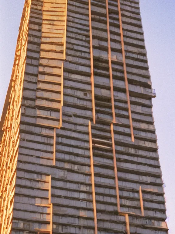 Image similar to photo of a soviet panel residential low height building, extreme wide shot, golden hour, kodak gold 2 0 0, side - view