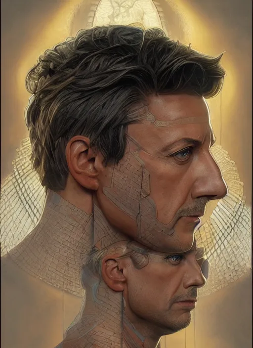 Image similar to symmetry!! silvester stallone, machine parts embedded into face, intricate, elegant, highly detailed, digital painting, artstation, concept art, smooth, sharp focus, illustration, art by artgerm and greg rutkowski and alphonse mucha, 8 k