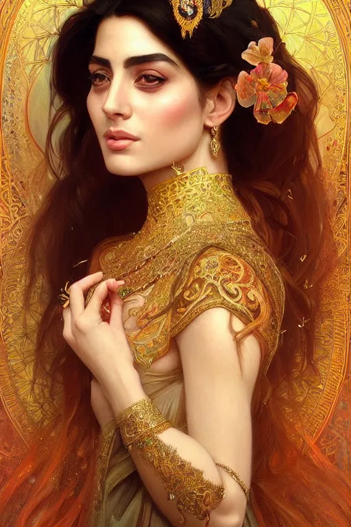 Image similar to Beautiful portrait of an attractive Persian Princess who is an architect, beautiful princess, face painting, persian architecture, dramatic lighting, intricate, wild, highly detailed, digital painting, artstation, concept art, smooth, sharp focus, illustration, art by artgerm and greg rutkowski and alphonse mucha, footage from space camera