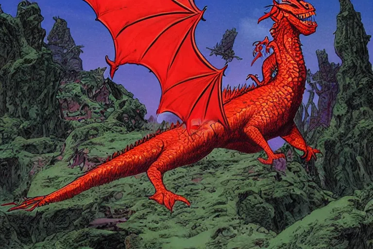 Prompt: red scaled dragon facing camera by larry elmore and vincent di fate