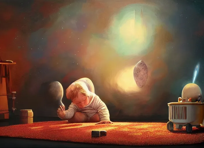 Image similar to lonely toddler elon musk sitting on a shaggy rug playing with his little space rockets, bedroom, realistic painting, beautiful soft lighting, istvan sandorfi