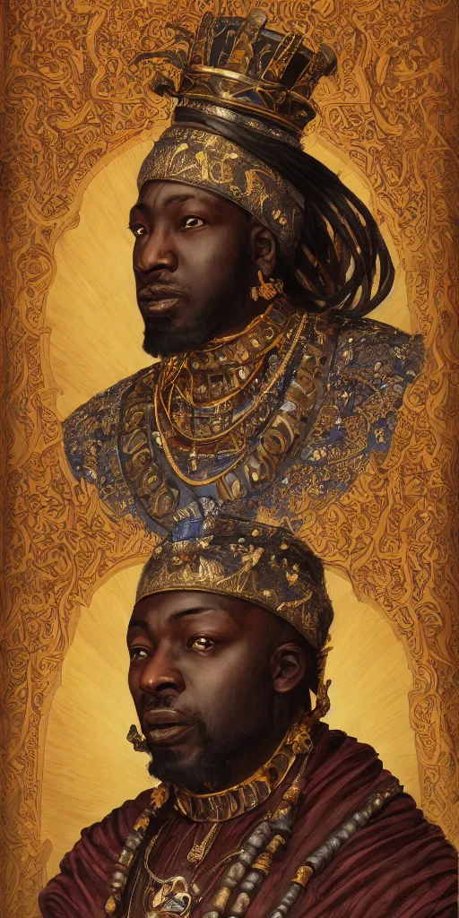 Image similar to a stunning and noble highly detailed romantic period style portrait of mansa musa by josep tapiro baro, by james jean, by kim jung gi, trending on artstation, oil painting masterpiece, symmetry, mysterious, very very very aesthetic, african iconography