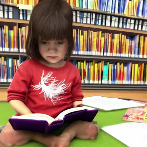 Prompt: a cute adorable phoenix fledgling learning to read in a library #FPS