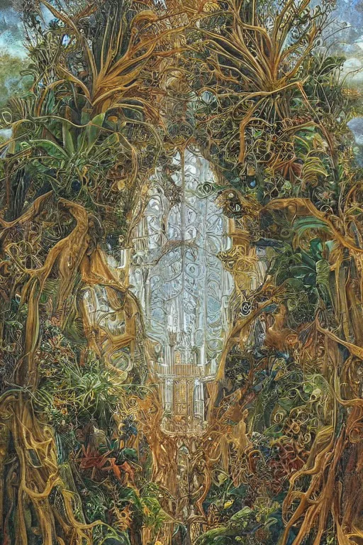 Image similar to a gorgeous painting by Viktor Hartmann of a great palace in the style of zaha hadit made from porcellain, beautiful natural soft rim light, roots, fine foliage lace, ernst haeckel, parametric architecture, parametric design, bioart, futuristic, adorned with all kind of plants, utopian, chitin, visceral, art nouveau , intricate details, satin silver beautiful gold metal details, mesh wire, neri oxman, cable wires, elegant, hyper realistic, quantum computer, ultra detailed, octane render, silicon and carbon, volumetric lighting, 8k post-production, hr giger style