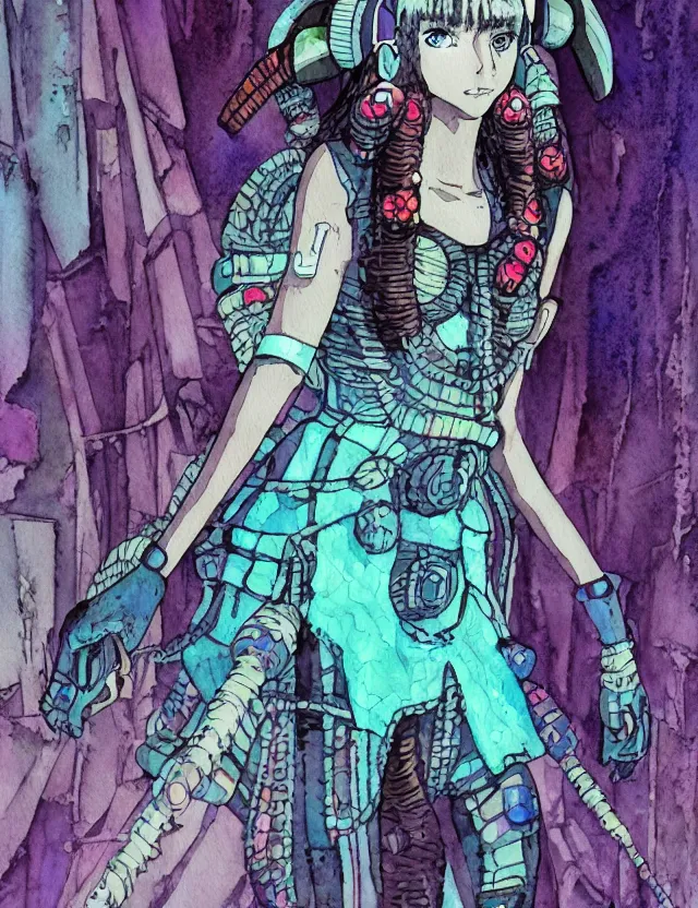 Prompt: inca scifi princess of the lichen woods, wearing a lovely dress with cyberpunk elements. this watercolor painting by the award - winning mangaka has an interesting color scheme, plenty of details and impeccable lighting.