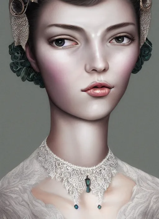 Prompt: high intricate porcelain baroque stunning woman portrait, lace collar, string of pearls, bird feathers, elegant, 8 k, glitter skin very white hyperrealistic hyperdetailed pastel, maria panfilova, andrea savchenko, sensual mike kime, ludovic plouffe, qi sheng luo, oliver cook, trending on artstation