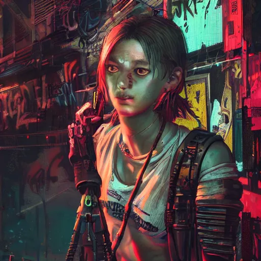 Prompt: highly detailed portrait of a post-cyberpunk south african young lady by Akihiko Yoshida, Greg Tocchini, 4k resolution, mad max inspired, wild neon color scheme with south african symbols and graffiti