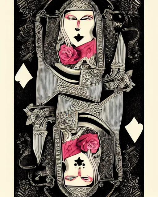 Prompt: queen of spades playing card in the style of tom bagshaw, symmetry