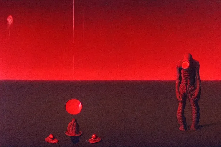 Image similar to only with red, red god of death eat apple, a futuristic city on mars in the background, red worms on the floor, in the style of beksinski, part by hopper, part by rodcenko, part by hofbauer, intricate composition, red by caravaggio, insanely quality, highly detailed, masterpiece, red light, artstation, 8 k