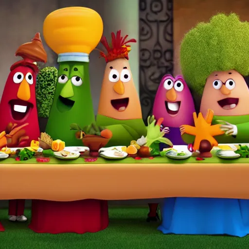 Prompt: veggietales characters last supper, 4k