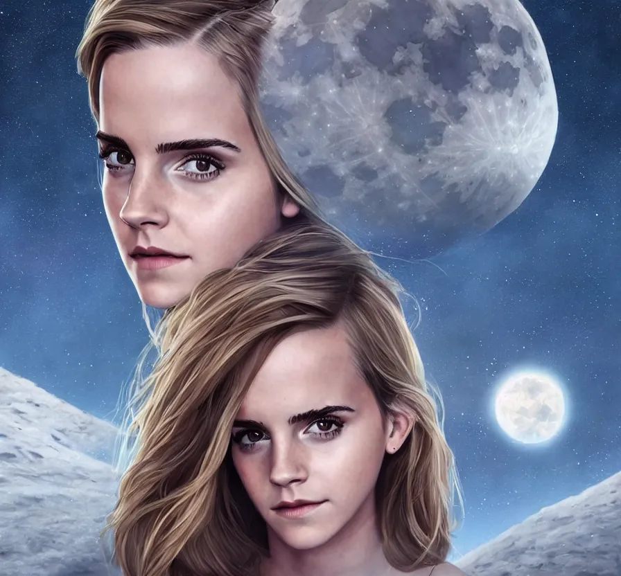 Image similar to hyper realistic portrait of emma watson on the moon, cinematic, artstation, cgsociety, full body