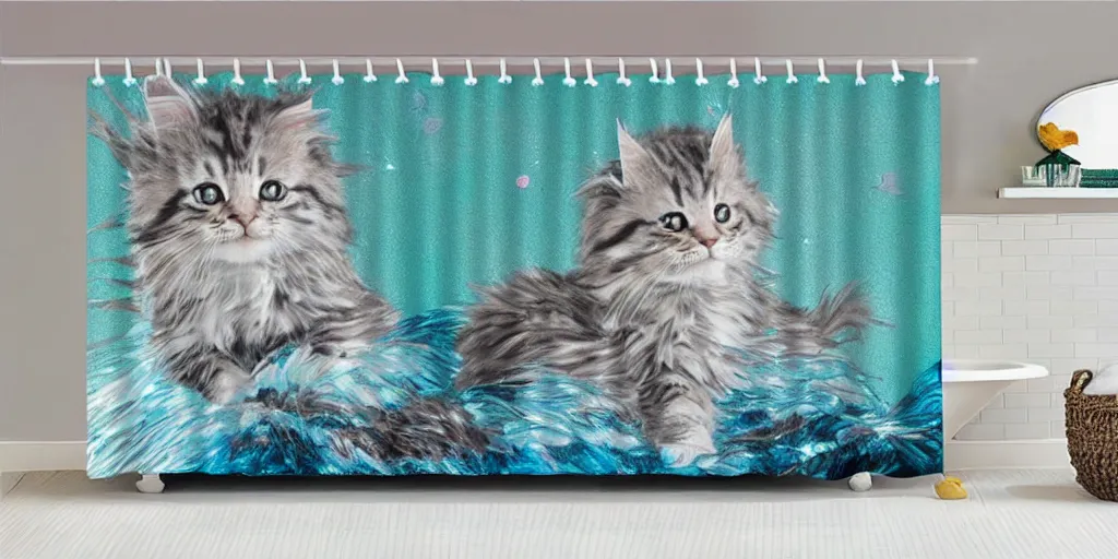 Image similar to a main coon kitten little mermaid themed shower curtain, product photography. digital art. 4 k, highly detailed.