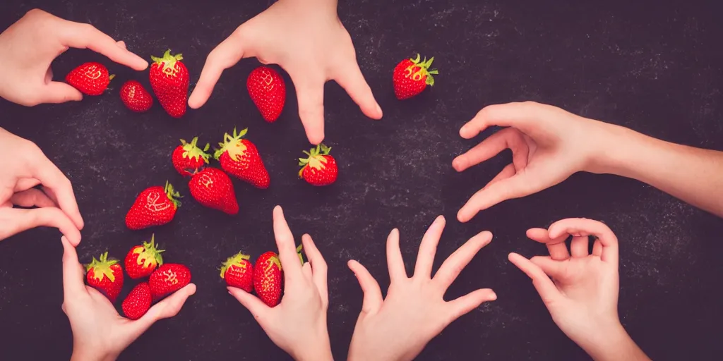 Image similar to a shocking and clearn photo of hands with way to many long creepy fingers reaching for little strawberries and chocolate with dramatic romantic lighting