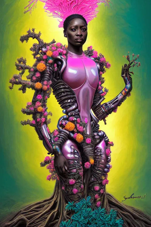 Image similar to illustration neo - rococo cinematic super expressive! yoruba goddess with exoskeleton armor, merging with tree in a forest, pink yellow flowers, highly detailed digital art masterpiece, smooth etienne sandorfi eric zener dramatic pearlescent soft teal light, ground angle hd 8 k, sharp focus