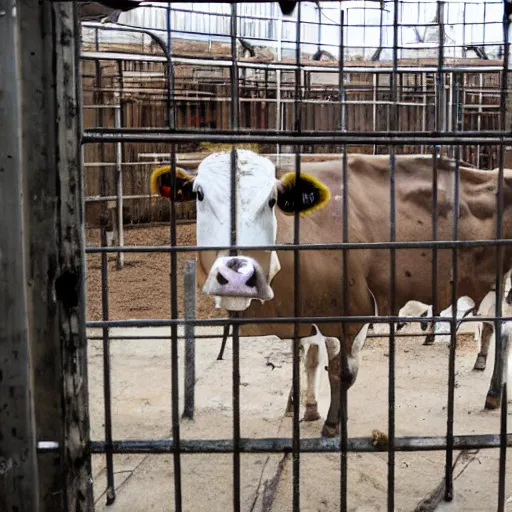 Image similar to dirty bottle of milk and a cow inside a cage, inside slaughterhouse