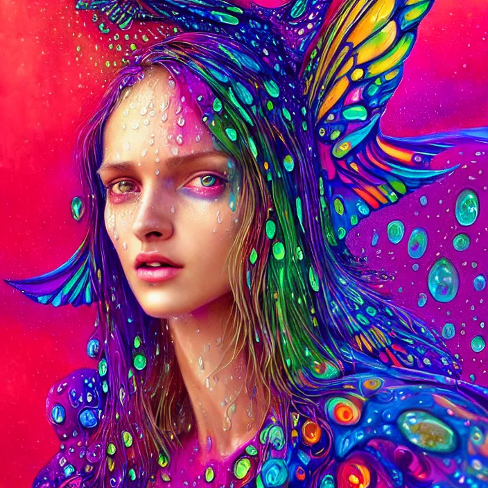 Image similar to bright psychedelic portrait with rain on face and wet hair, wings, smiling, diffuse lighting, fantasy, intricate, elegant, highly detailed, lifelike, photorealistic, digital painting, artstation, illustration, concept art, smooth, sharp focus, art by John Collier and Albert Aublet and Krenz Cushart and Artem Demura and Alphonse Mucha