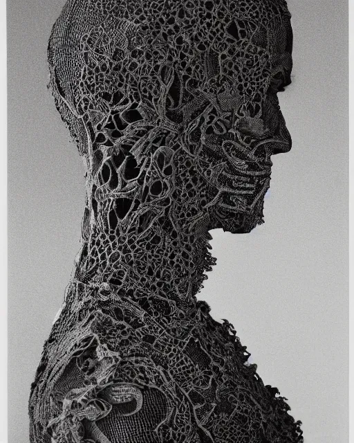 Image similar to a man's face in profile, made of intricate lace skeleton, in the style of the dutch masters and gregory crewdson, dark and moody