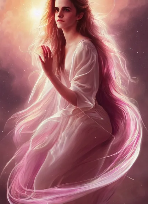 Prompt: emma watson as nature magic celestial, long hair, pink and white, transparent cloth, space, D&D, shiny background, intricate, elegant, highly detailed, digital painting, artstation, concept art, smooth, sharp focus, illustration, artgerm, bouguereau