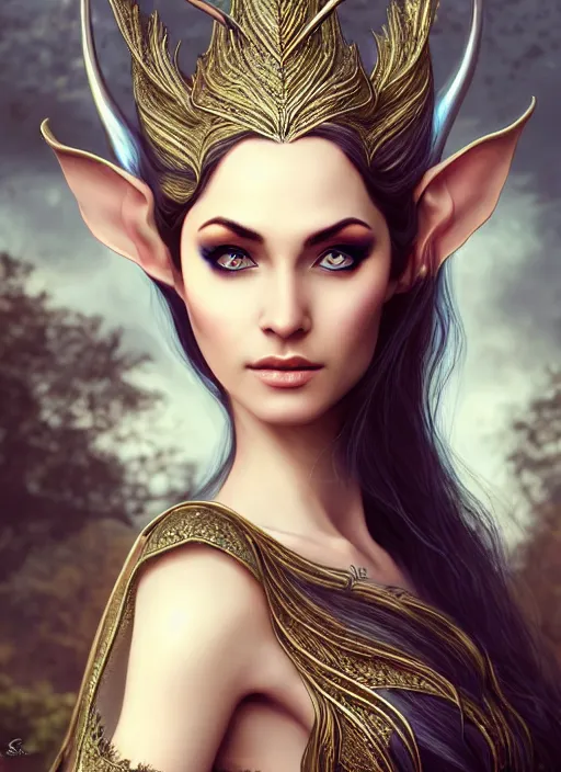 Prompt: photo of a gorgeous young elven woman at a glamorous elven dress in the style of stefan kostic, realistic, sharp focus, 8 k high definition, insanely detailed, intricate, elegant, art by stanley lau and artgerm