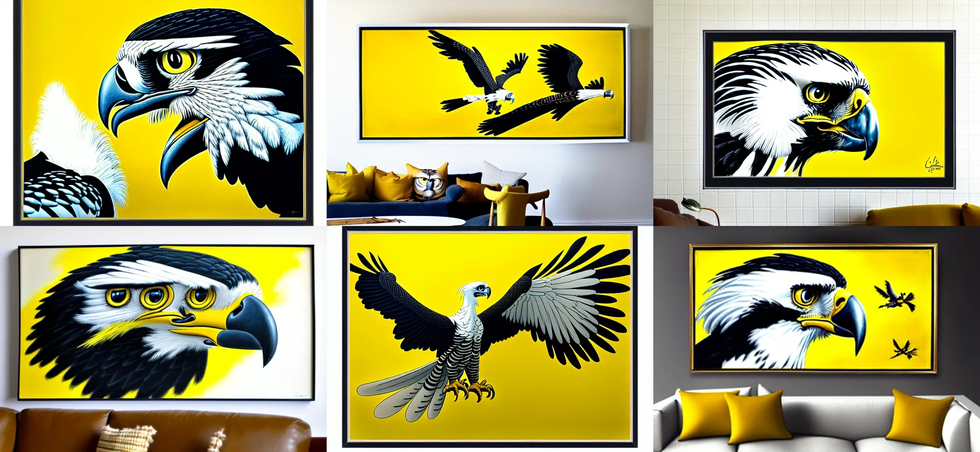 Prompt: side view of harpy eagle, yellow and black framed painting hanging above couch, carl barks, cross hatching