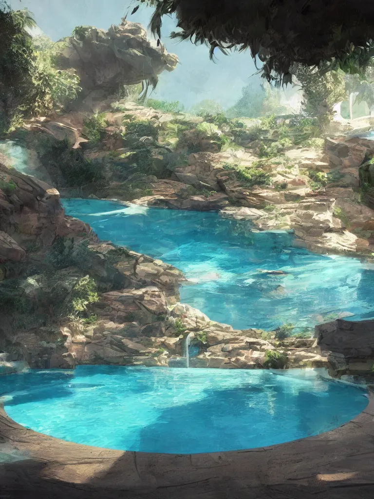 Image similar to swimming pool, by disney concept artists, blunt borders, rule of thirds, beautiful light