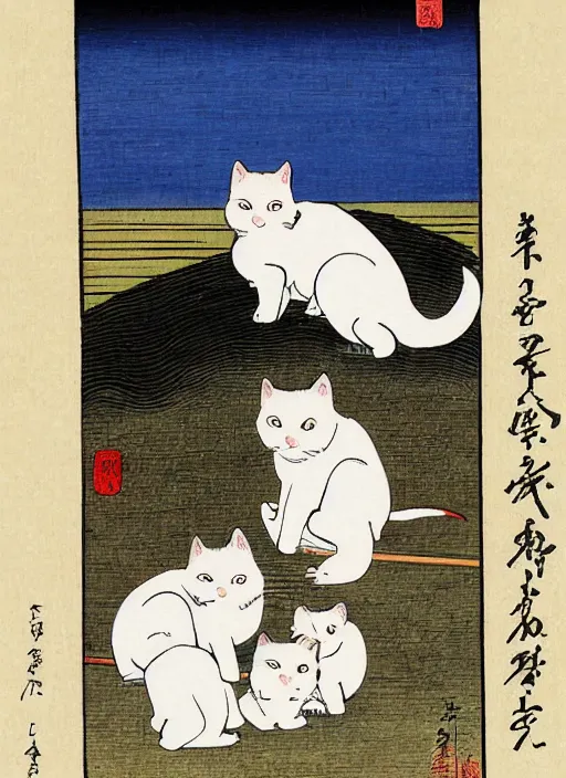 Image similar to whitecat with 2 baby white cats of utagawa hiroshige, digital painting 4 k uhd image, highly detailed