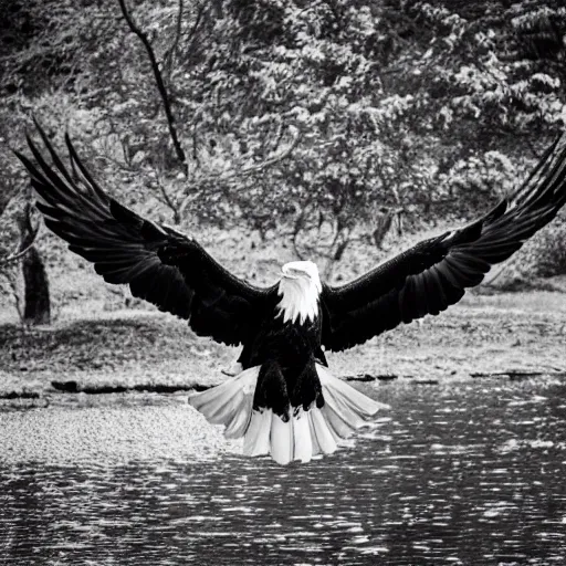 Prompt: a black and white eagle, flying over a forest with a river