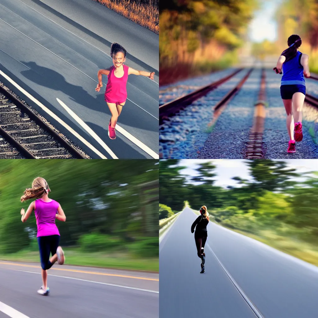 Prompt: a girl running for the amtrak acela express train down the road, photorealistic