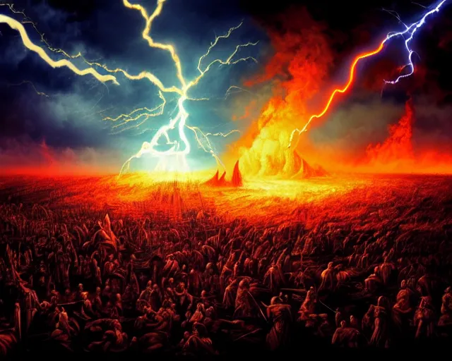 Prompt: jesus battling satan, apocalyptic, epic, blue and orange, fantastical, high contrast, fire, lightning, thunderclouds, armies, wide angle