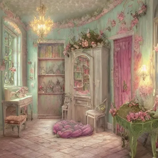 Prompt: beautiful digital matte painting of a whimsical botanical shabby chic dressing room by greg rutkowski and mark ryden, thomas kinkade, artstation, behance hd - 7 6 8