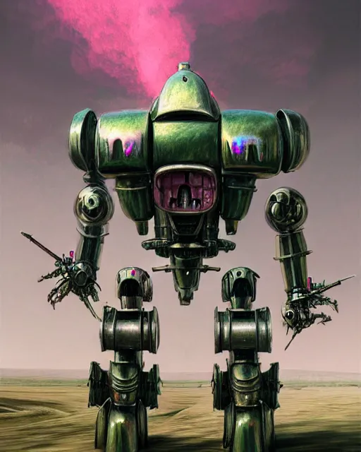 Prompt: hyperrealistic hyperdetailed medieval mecha iridescent pink battle war concept art santiago caruso de chirico sharp very dramatic green light 8k low angle shallow depth of field