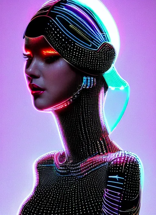 Image similar to photorealistic portrait of female humanoid, cyber neon lights, highly intricate, retro 6 0 s haute couture fashion, elegant, highly detailed, crispy quality, trending on artstation, trending on pinterest, glamor pose, no signature, no watermark, smooth, cinematic, art by artgerm and pascal blanche