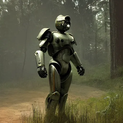 Image similar to T-45 power armor stands against the background of a radioactive forest, graphics, fallout 4 render, 3d computer render, maximum details, rain, night, spotlight,