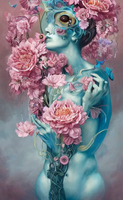 Image similar to a biomorphic painting of a vase with flowers and eyeballs in it, a surrealist painting by Marco Mazzoni, by Peter Mohrbacher, by Dorothea Tanning, pastel blues and pinks, featured on artstation, metaphysical painting, oil on canvas, fluid acrylic pour art, airbrush art,