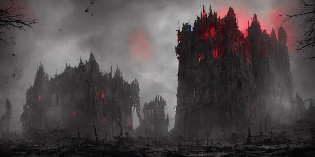 Image similar to grimdark chaos fortress, ruined, terrifying architecture, looming, dark, fog, atmospheric red lighting, dark souls, hyperrealistic, artstation