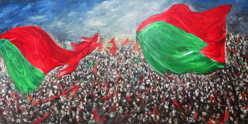 Image similar to dramatic painting of freedom for palestine, red green white black