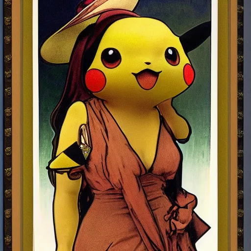 Image similar to elegant woman dressed up as pikachu art photo by Annie Liebovitz and Alphonse Mucha