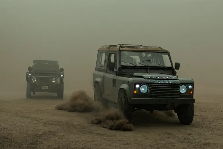Prompt: A cinematic film still of a Land Rover in the movie Blade Runner: 2049.
