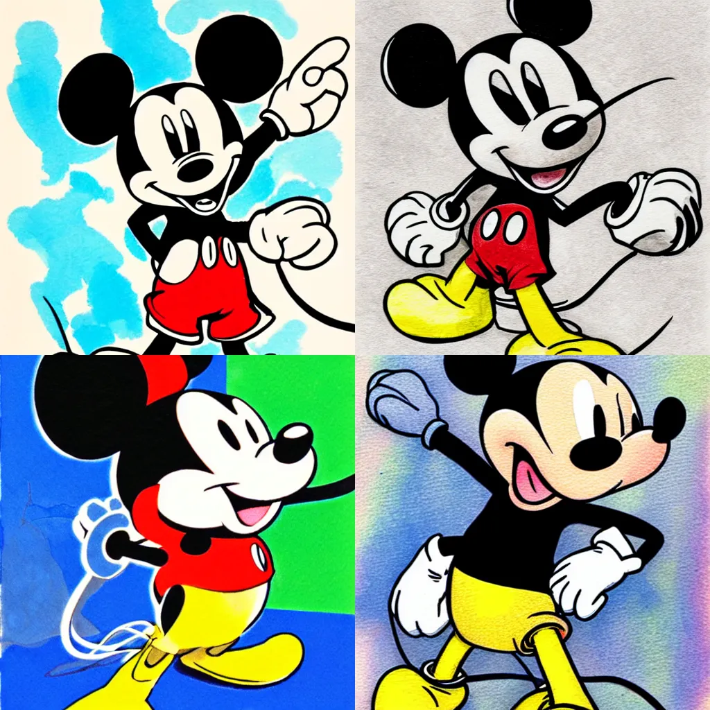 Prompt: ken sugimori illustration of mickey mouse, pokemon art style, ink and watercolor